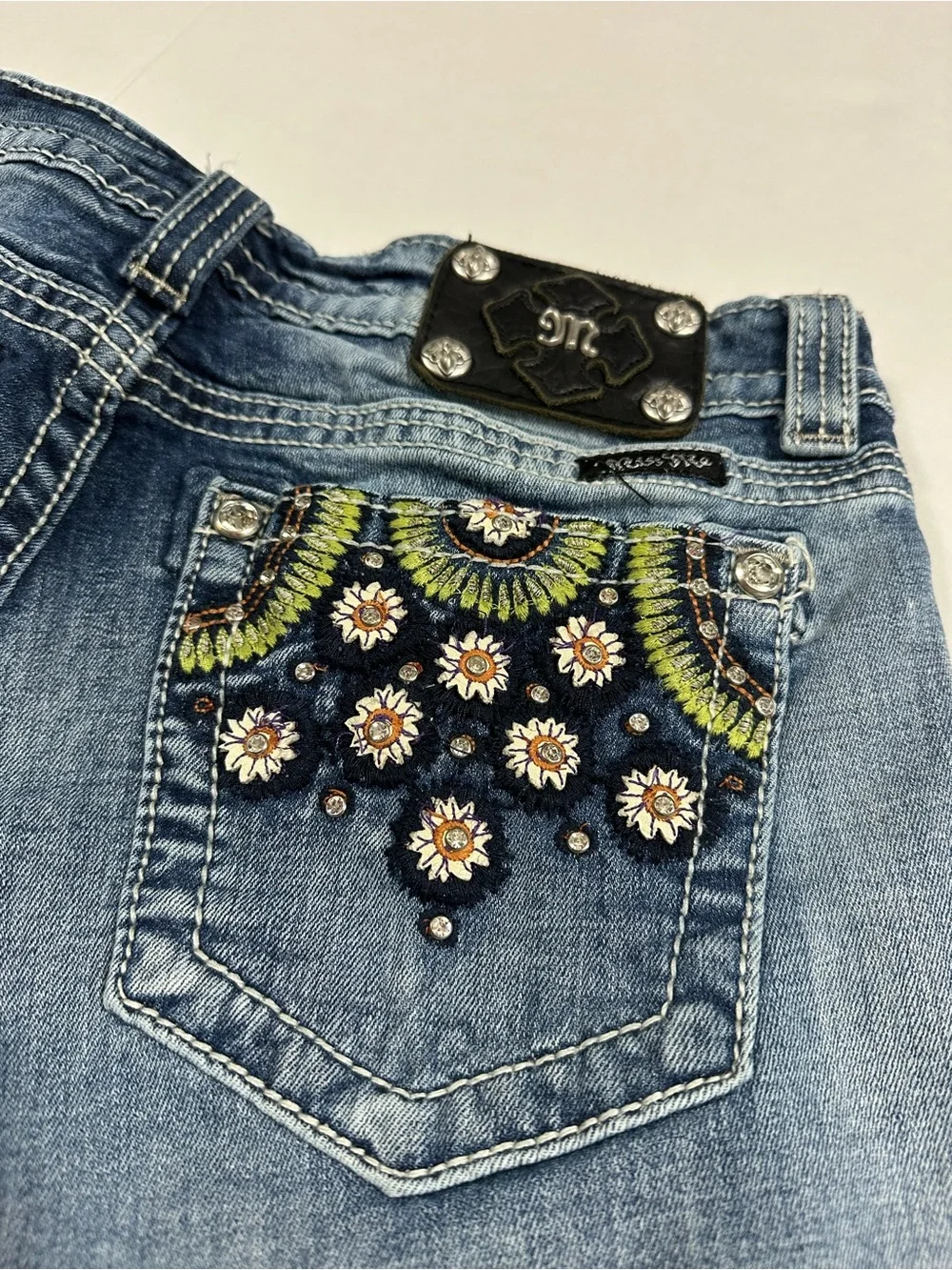 Miss Me Low Rise Distressed Size 30 Denim Shorts Embroidered Bling Pockets Y2K